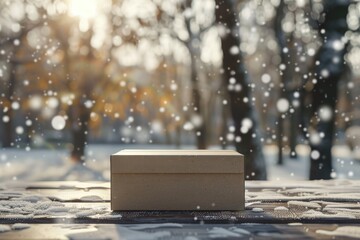 Poster - A box sitting on top of a snow covered ground. Perfect for winter themes