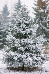 Poster - A snowy pine tree standing in a field. Suitable for winter-themed designs