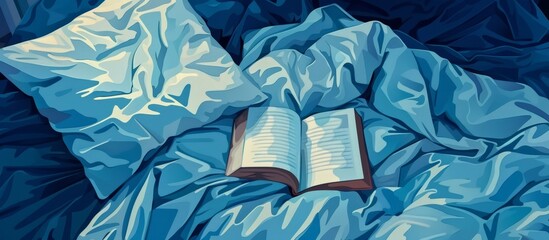 Poster - Book placed on a neatly made bed covered with a blue blanket