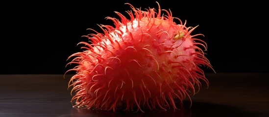Fototapete - Rambutan fruit close-up on table with dark backdrop