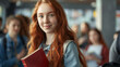 © David - Attractive ginger-haired student studying with textbooks, classmates blurred in background: education, ambition, growth copy space