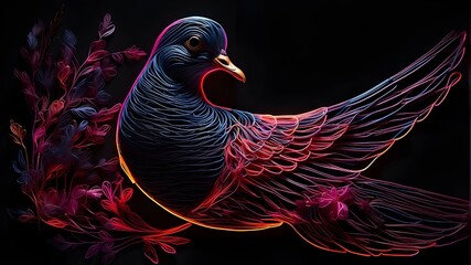 Neon threads are used to weave a vibrant dove on black. bird depicted with thin lines