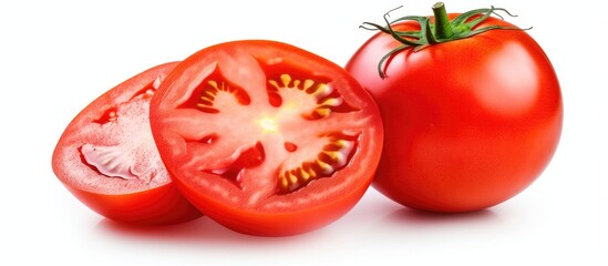 Poster - Close up of tomato and half on white background