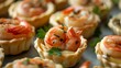 Close-up of elegant mini tartlets filled with shrimps, set against a stylish backdrop