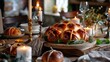 A festive setting featuring hot cross buns as the centerpiece, inspiring holiday warmth