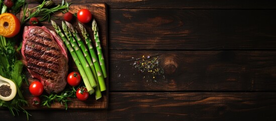Leinwandbilder - Raw steak, green asparagus, and vegetables on wooden cutting board