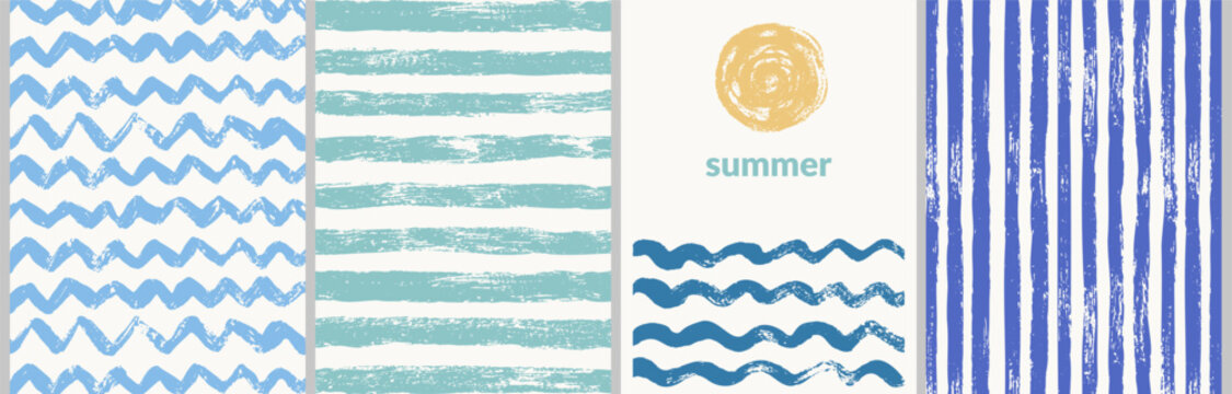 vector summer posters with grunge textures. summer striped and wavy patterns, sun, beach.