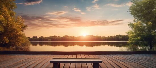 Aufkleber - Bench by tranquil lake under vibrant sunset