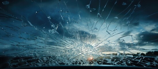 Cracked car windshield against sky backdrop