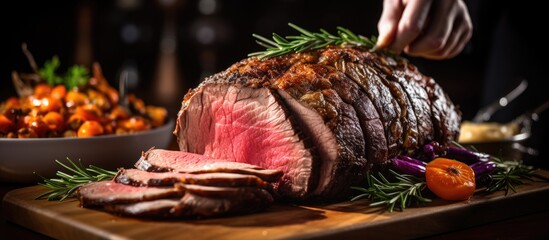 Aufkleber - Person slicing a big meat slab on a board