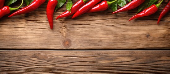 Fototapete - Fresh red peppers, green leaves, wooden table