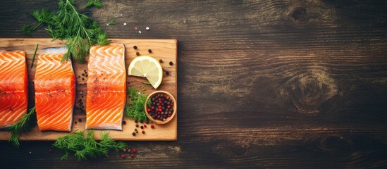 Aufkleber - Salmon fillets on cutting board with lemon and pepper