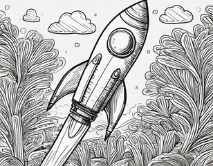 black and white sketch illustration mock-up of a space rocket starting, coloring book for a children's book, thin black outline image