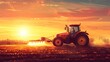 Trattore per l'irrigazione che guida l'irrorazione o la raccolta di un raccolto agricolo al tramonto con dati infografici informativi come design di banner per l'industria agricola e la produzione di 