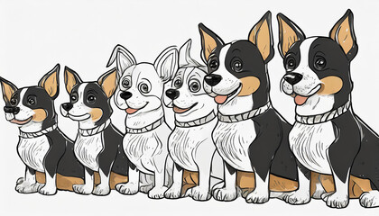 cartoon dogs sitting in a row isolated on a white background, sketch black and white style thin outline, layout for children's coloring book