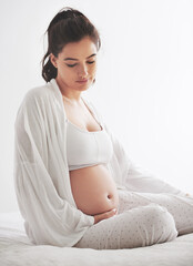 Wall Mural - Pregnant, woman or worry in bed, maternity or dream of health, wellness or vision of peace in home. Pregnancy, mama or thinking to rest, imagine or future of motherhood as idea of maternal comfort