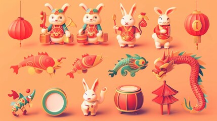 Wall Mural - This template includes festive rabbits riding on dragons, playing drums and wearing traditional costumes, drums, lanterns, carp fish, coins, and traditional arch was isolated on a light orange