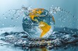 A colorful globe with continents vividly detailed splashes dramatically in water, illustrating global dynamism and interactions