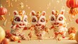 The Chinese New Year lion dance set including rabbits dressed in traditional costumes carrying lanterns and dancing. And objects like lanterns and fireworks isolated on a light orange background.