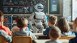 © cvetikmart - AI Content Generation. AI robot teaches curious kids in a futuristic classroom. Education meets technology