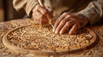 Close up hands of elderly woodcarver at work, handcrafting with wood, beautiful ornament