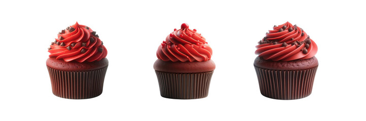 Poster - Set of delicious chocolate cupcake with red frosting, illustration, isolated over on transparent white background