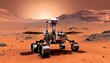 A robotic rover equipped with scientific instruments traverses the stark, reddish landscape of Mars under a hazy sky.. AI Generation