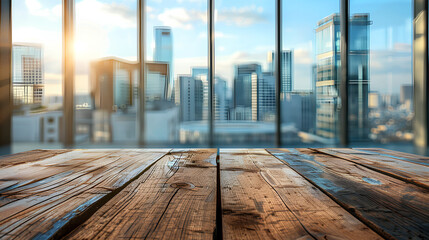 Canvas Print - Empty wood table top and blur glass window wall building banner mock up abstract background