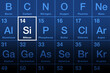 Silicon element on the periodic table. Chemical element and semiconductor with symbol Si and atomic number 14. Considered as an essential element in the body, for the elastin and collagen synthesis.