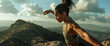 Lifestyle portrait of fit athletic black woman running on scenic mountain trail run