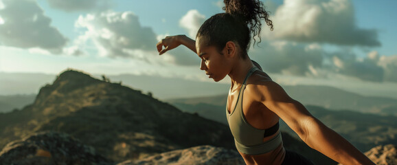 Wall Mural - Lifestyle portrait of fit athletic black woman running on scenic mountain trail run