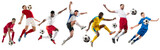Collage. Young male athletes, football, soccer players in motion with ball isolated on transparent background. Concept of professional sport, competition, tournament, active lifestyle