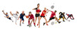 Sport collage about kickboxing, soccer, American football, basketball, ice hockey, badminton, taekwondo, tennis, rugby players. Fit men and women training. Concept of professional sport, competition