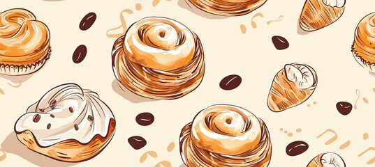 Seamless pattern of cinnamon rolls and coffee beans on white background banner