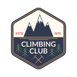 Climbing club logo or badge. Mountain outdoor adventure emblem design. Vector illustration.