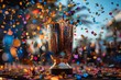 A bright trophy centerpiece in a celebration scene with vibrant confetti frozen in motion