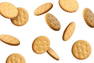 Wall Mural - Tasty dry round crackers falling on white background