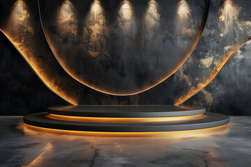 Wall Mural - Gold podium background 3D stage on dark platform display