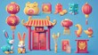 There are Chinese vintage elements and a bunny carrying fortune sticks along with a coupon, lantern, and coin. The set is isolated on a blue background.