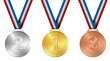 Golden, silver, bronze sports medal on ribbon realistic vector illustration. Set of medals for awarding champions and winners with laurel wreath and colored ribbons isolated on a white background.