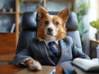 A dog boss wearing a formal business suit in a corporate office for a meeting, discussion, collaboration or interview. Finance and Lawyer. Thinking ideas. Success and win. Looking at camera.