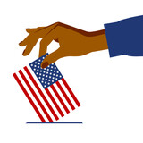 Fototapeta  - A woman's hand holding a ballot in the form of an American flag. US presidential election concept. Vector illustration