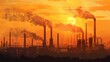 © pornchan - Silhouettes of factories against a sunset, their smokestacks contributing to the eerie smog