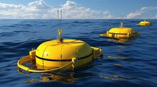 Three Yellow Buoys Float On The Surface Of The Ocean
