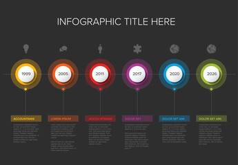 Sticker - Six circle steps timeline process infographic template with icons on dark background