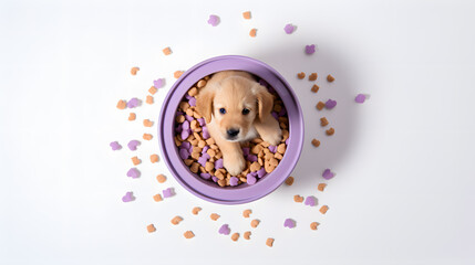 A small puppy eats food from a bowl. The puppy is smiling and lying on the floor