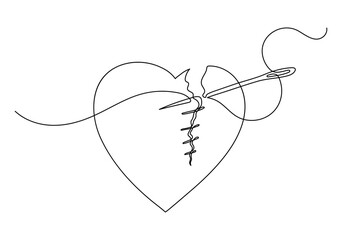 Wall Mural - Fixed broken heart. The heart is sewn with a thread and a needle. Continuous line drawing.