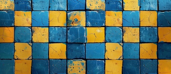 Sticker - Blue and yellow tiles in a close-up with a prominent yellow stripe, creating a vibrant and modern wall design.