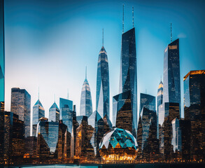 A city skyline at night with tall buildings and lights.