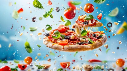 Ingredients for pizza flying in the air, bright saturated background, spotty colors, professional food photo 